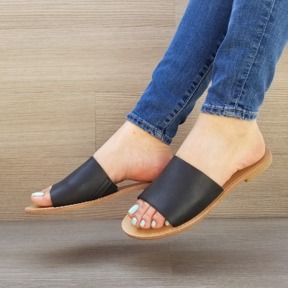 faux Leather Slip on Slider Black Flat Sandals-D - Picture 7 of 8